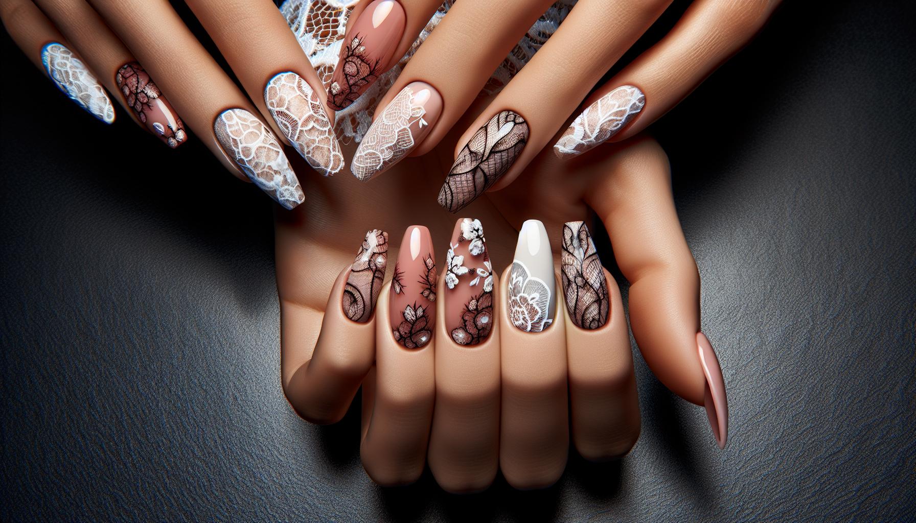 Delicate Lace Patterns on natural Length Nails for a Charming Bridal Aesthetic