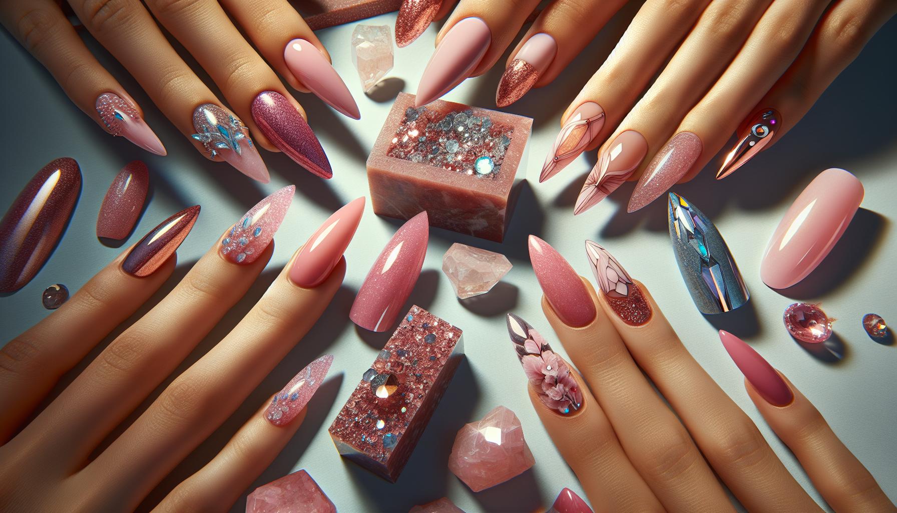 Delicate Rose Quartz Nails with Soft Pink Shades and Stunning Glitter Highlights