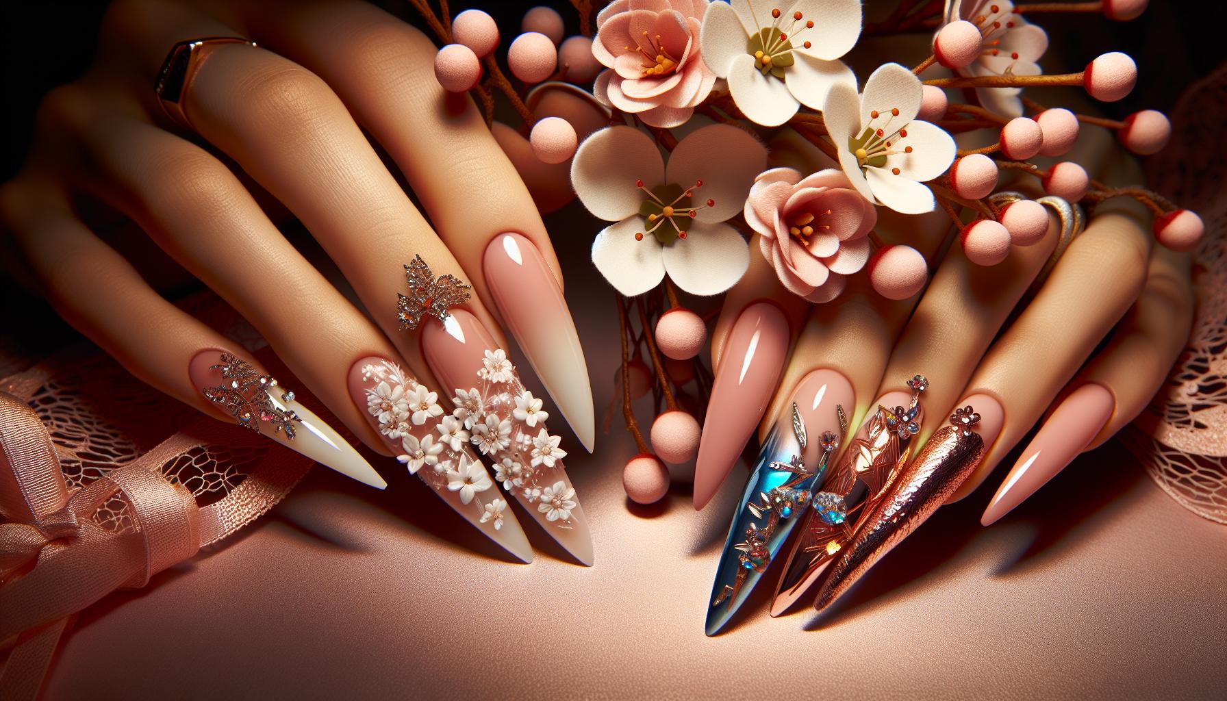 Delicate White Floral Embellishments on‍ Elegant Long Almond Nails ‍for‍ Romantic Days