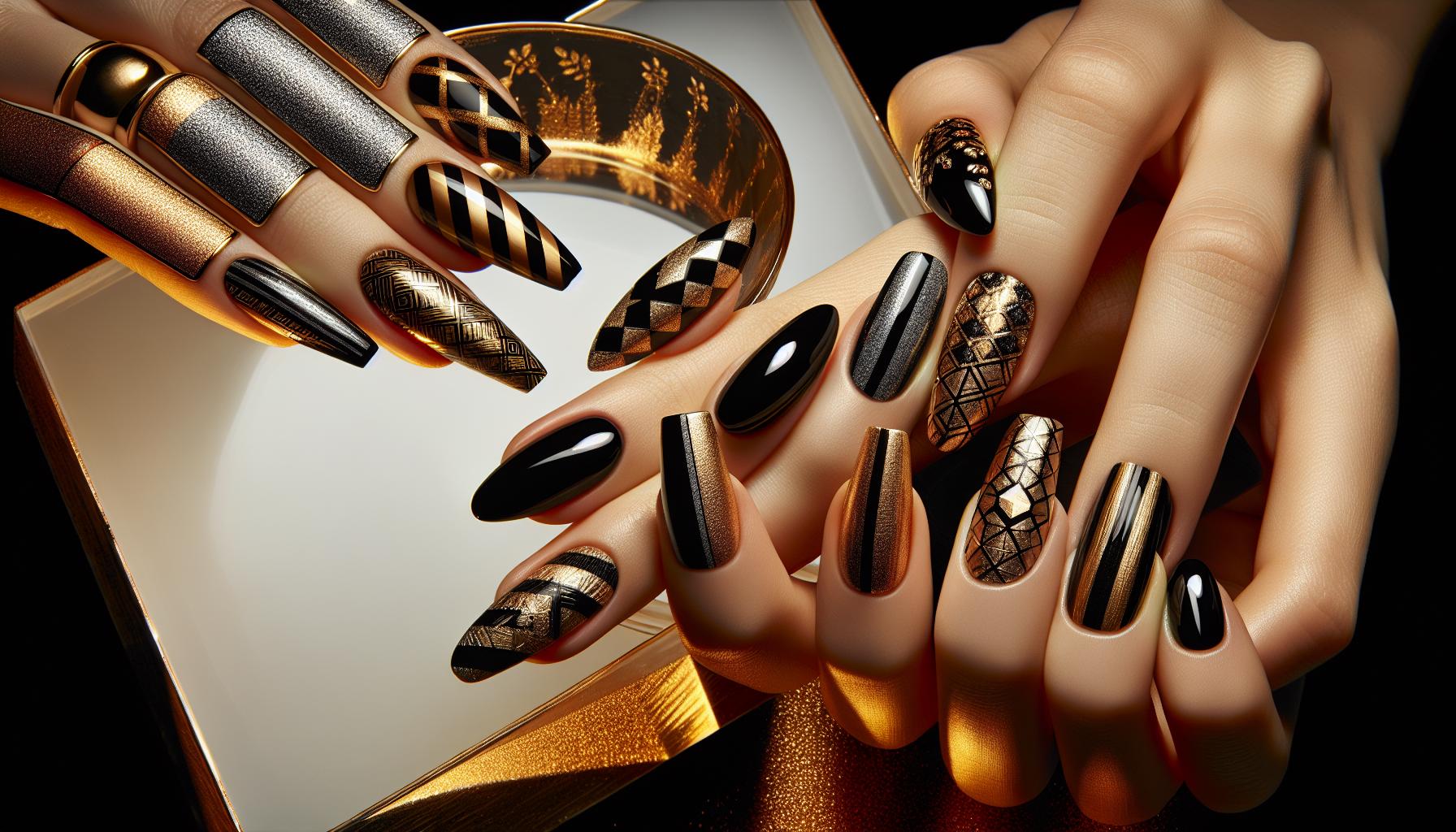 Dramatic ‌Black and​ Gold ‌Geometric Patterns for an Edgy Look