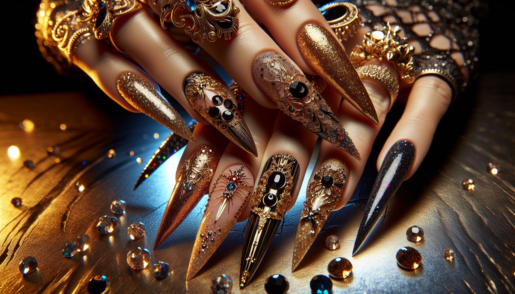 Dramatic⁤ Stiletto Nails with voluminous Gold Glitter for a Night‌ Out