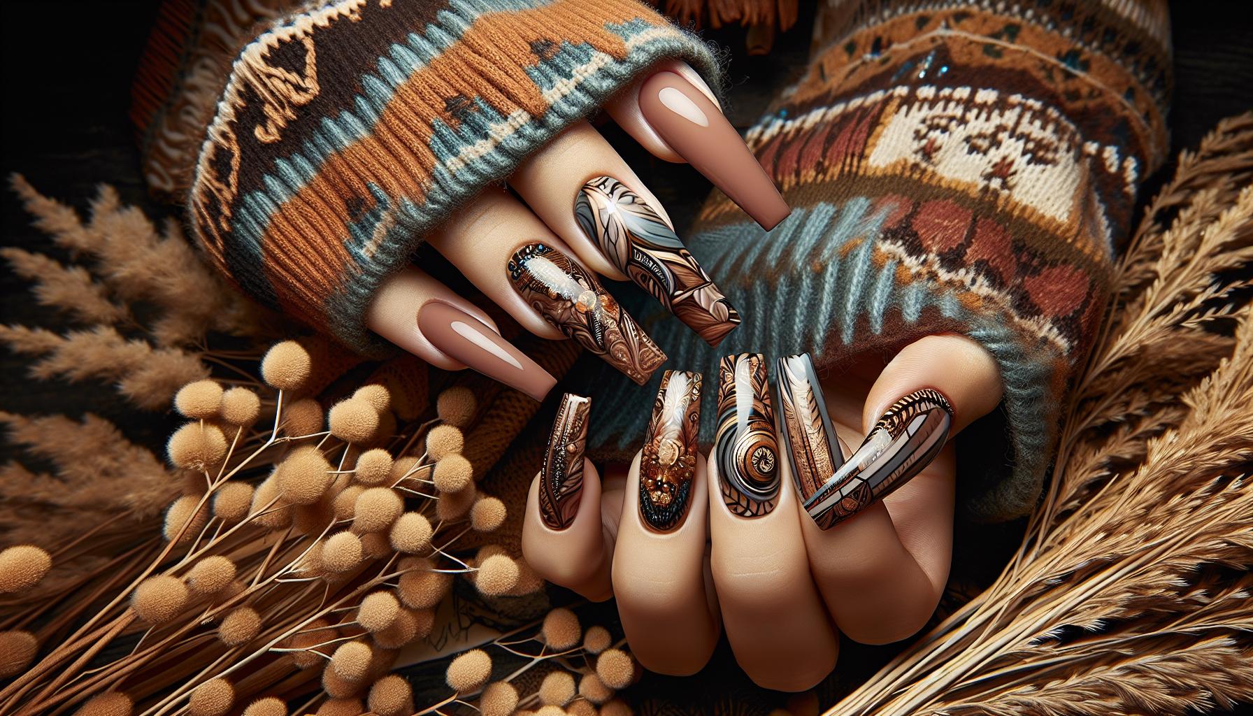 Earthy‍ Toned Abstract Swirls on ‍Long Coffin Nails for⁢ a Bohemian Touch