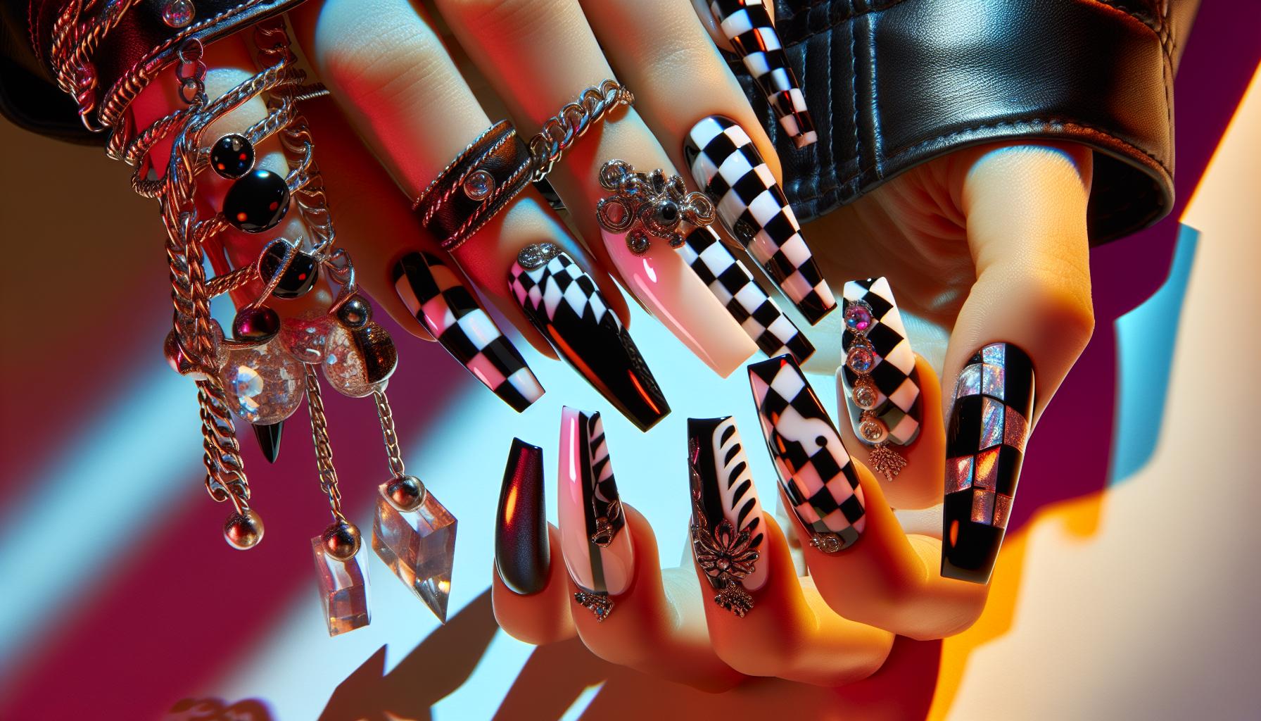 Edgy Black⁢ and White Checkerboard Patterns on Acrylic Coffin ⁣Shapes for a Retro⁣ Revival