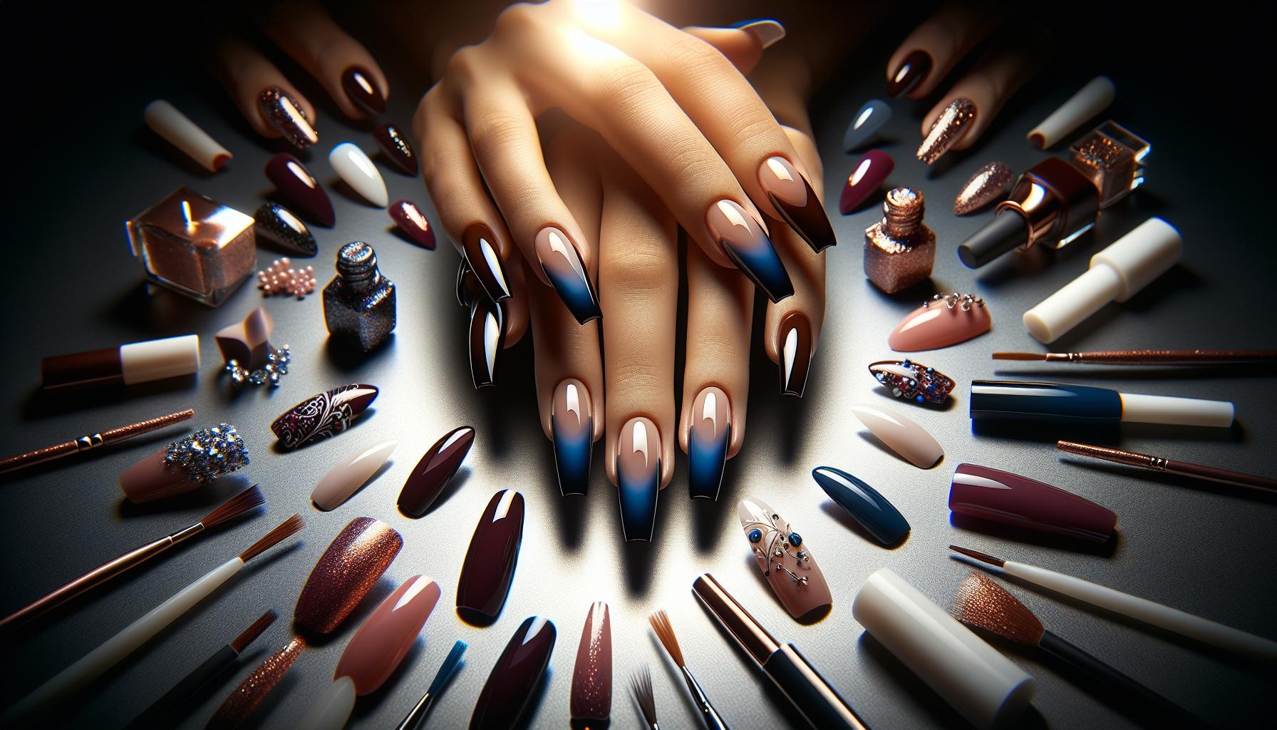 Elegant Chocolate Brown​ French ⁣Tips with Glossy Midnight ​Blue Underlay