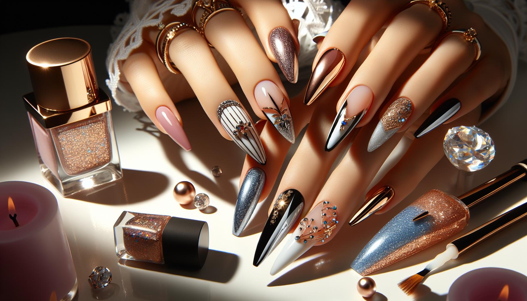 elegant Chrome French Tips with a Touch of Glitter for Timeless Glam