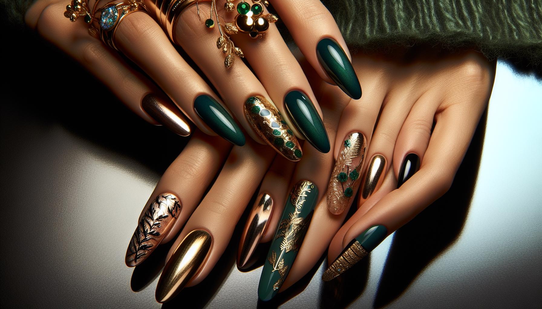 Elegant Deep Green and Gold Dip Powder Designs Exuding ⁢Luxe Vibes