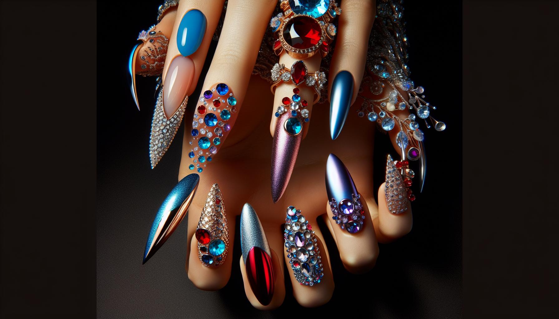 Elegant Jewel-Toned Stiletto Nails Adorned with Rhinestones for a Royal and Luxe Touch