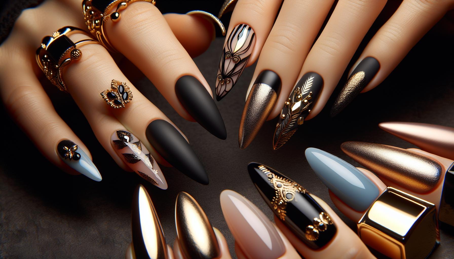 Elegant matte Black Acrylics Featuring Chic Gold Foil Detailing