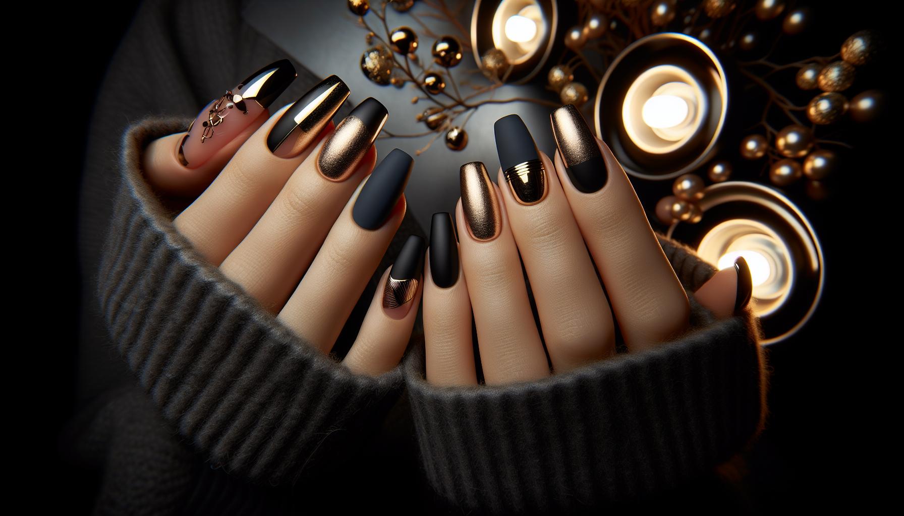 Elegant Matte Black ‍with Gold French Tips to‌ Elevate Your Winter Glam