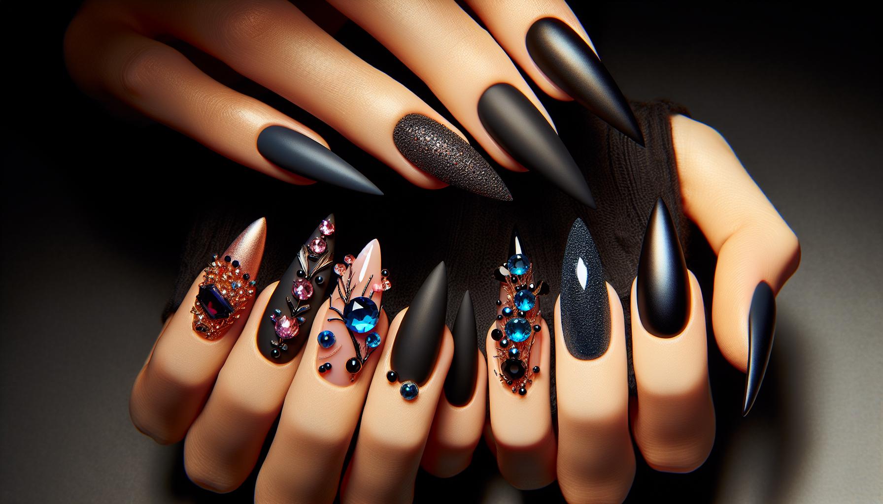 Elegant Matte Black Stiletto Tips with Dazzling Gemstone Accents
