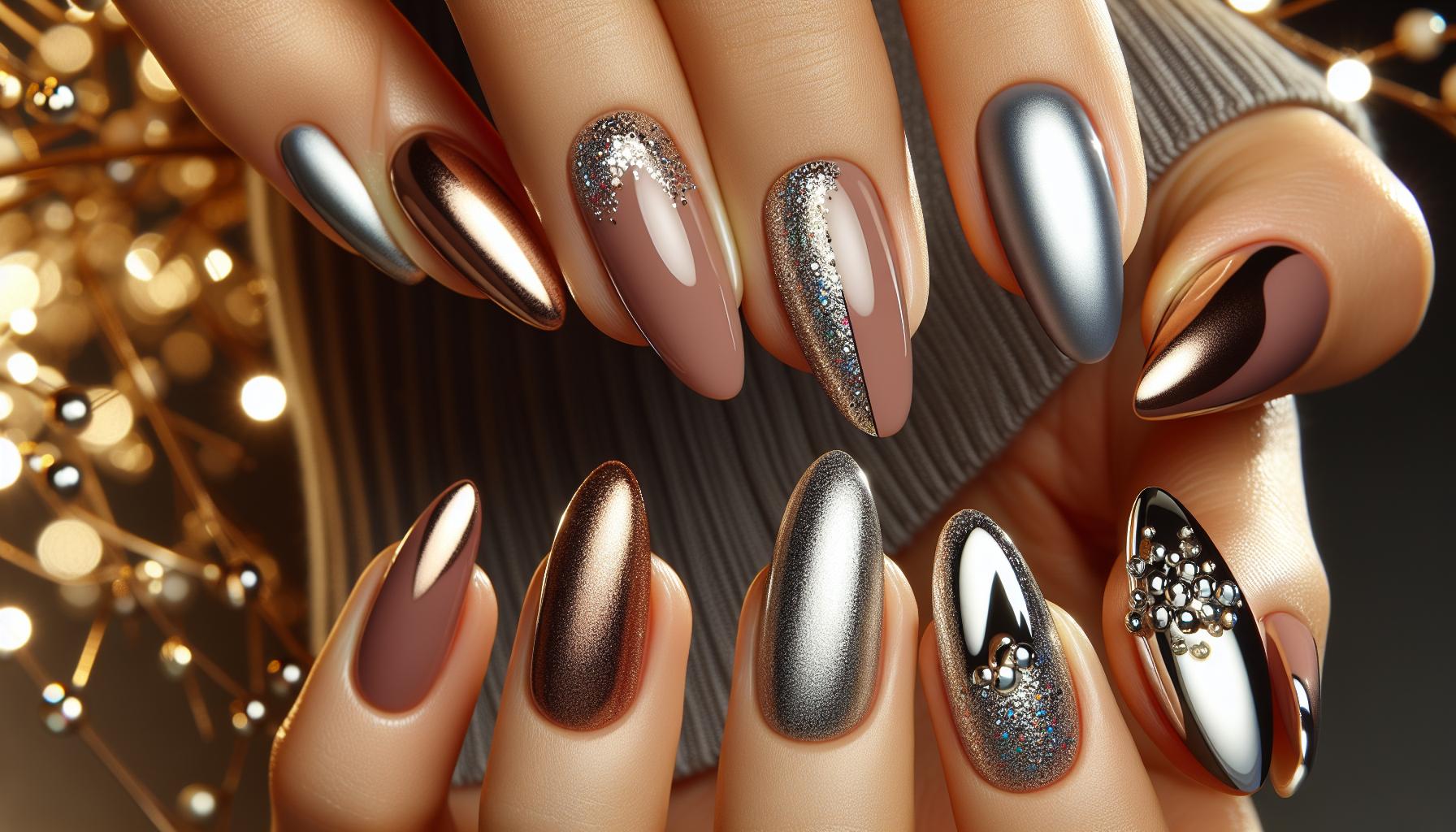 Elegant Matte French Tips with Metallic Glitter Accents for Chic Fall Fashion