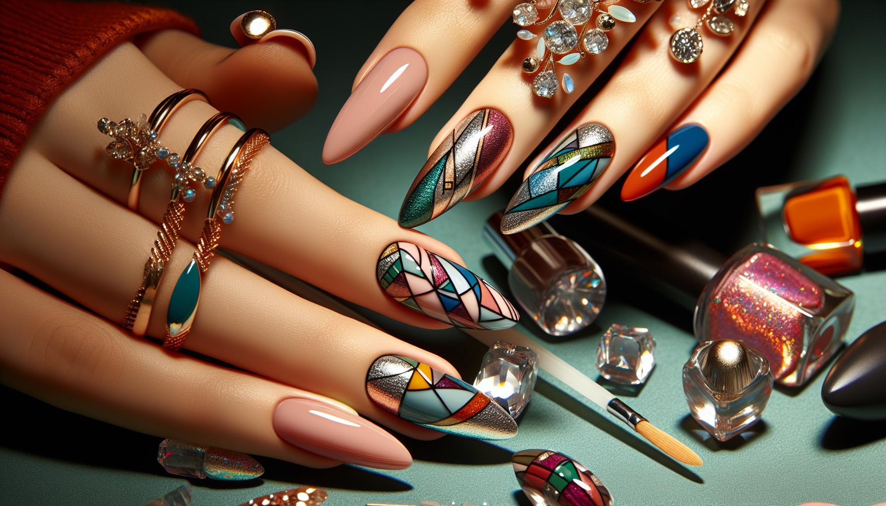 Elegant Mulitcolored ⁤Geometric Patterns on Almond Shaped Nails ​for fresh style