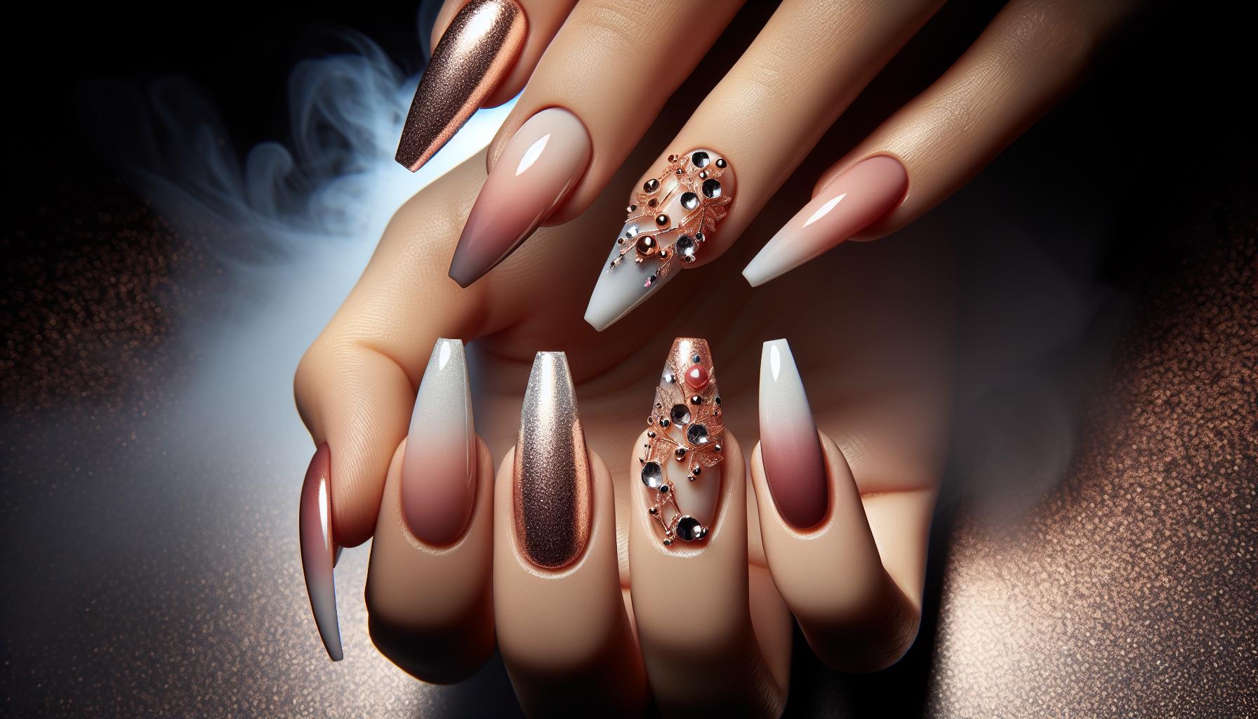 Elegant Stiletto Ombre with Sparkling Rose Gold Accents for a Glamorous Look