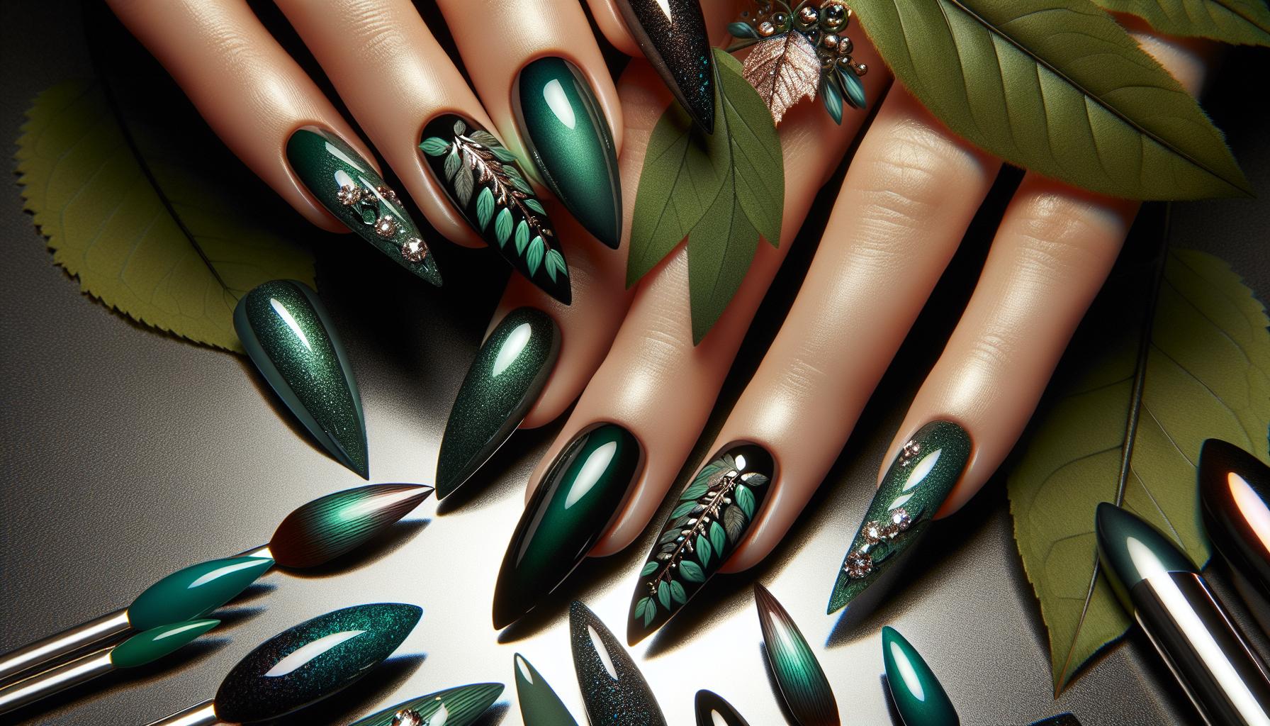 Enchanted Forest Green Stiletto Nails with Leafy Nail Art for a Nature-inspired Theme