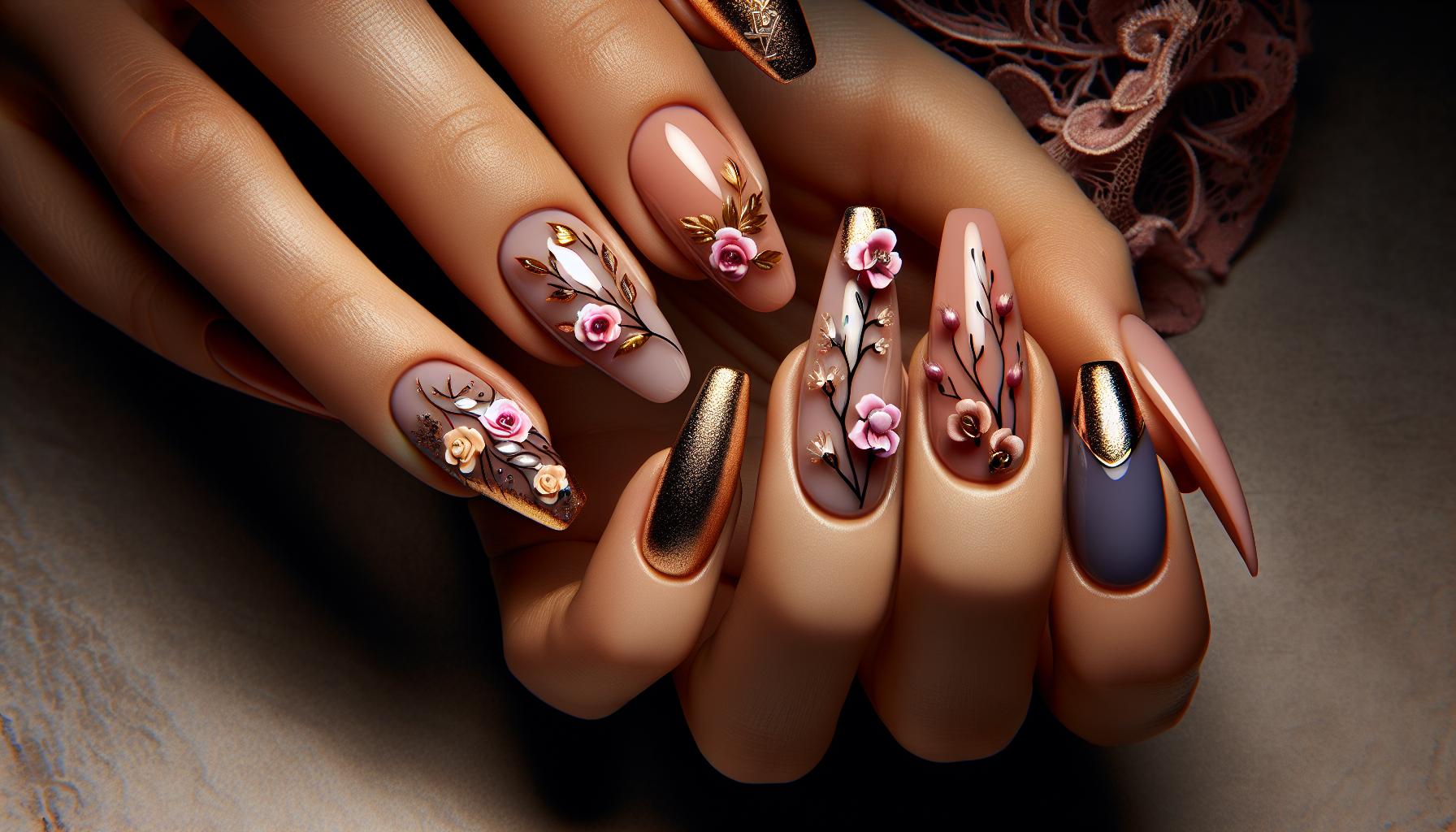 Enchanting⁢ Floral Accents with Gold Outline on Glossy Almond Nails for a ‍Romantic Flair