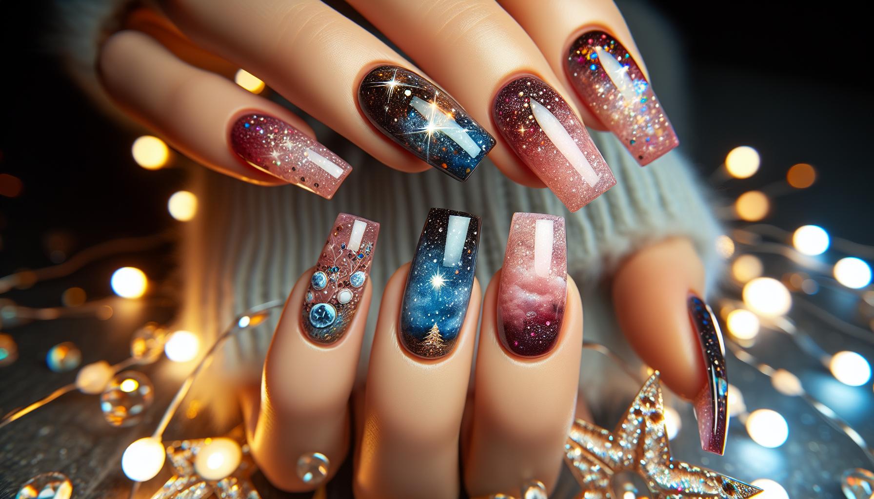 Enchanting Glitter Fade Square Nails with a Starry Night Theme for Magical Moments
