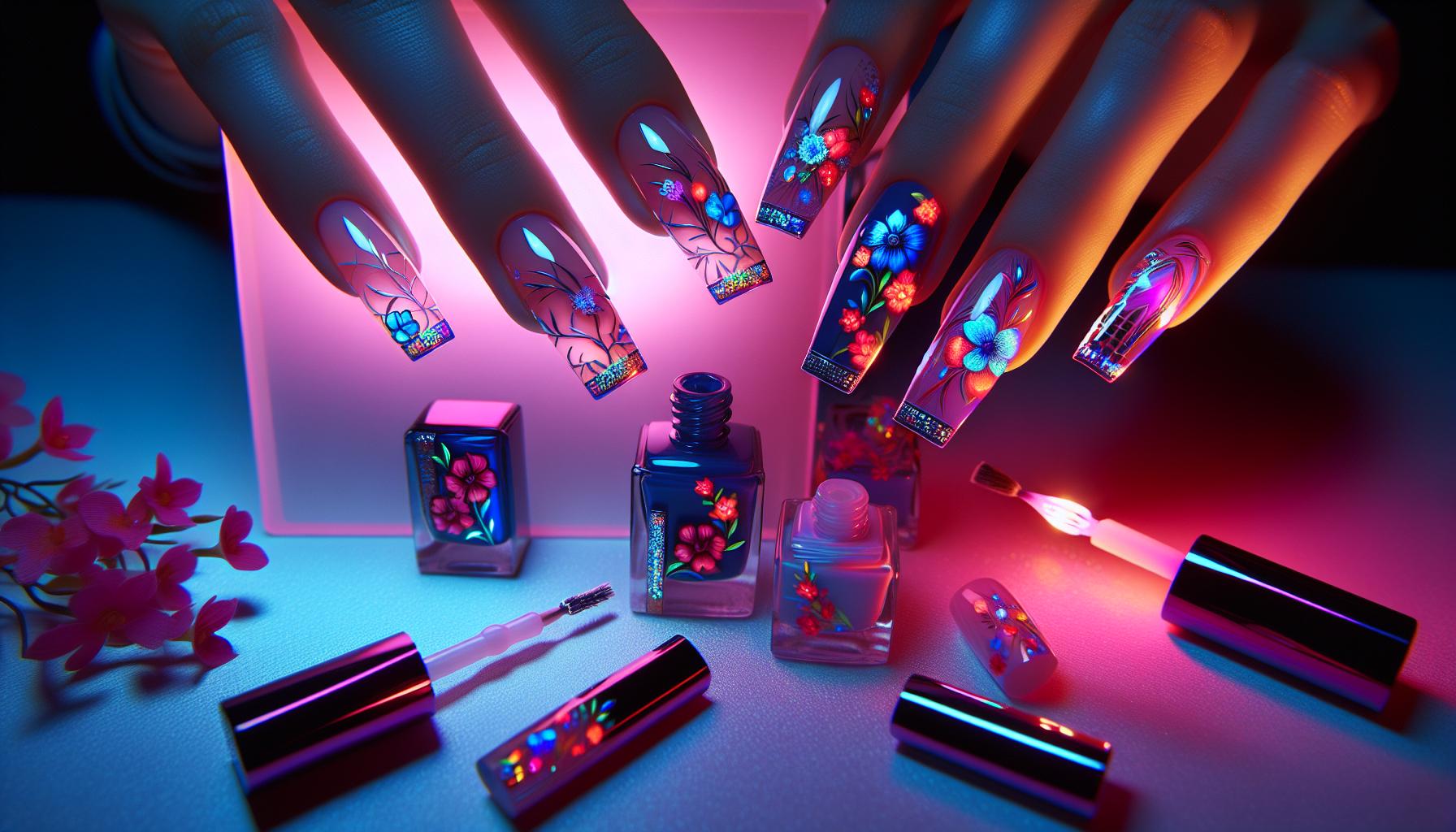 enchanting Neon Floral Accents on Square Nails for a Touch of Whimsy