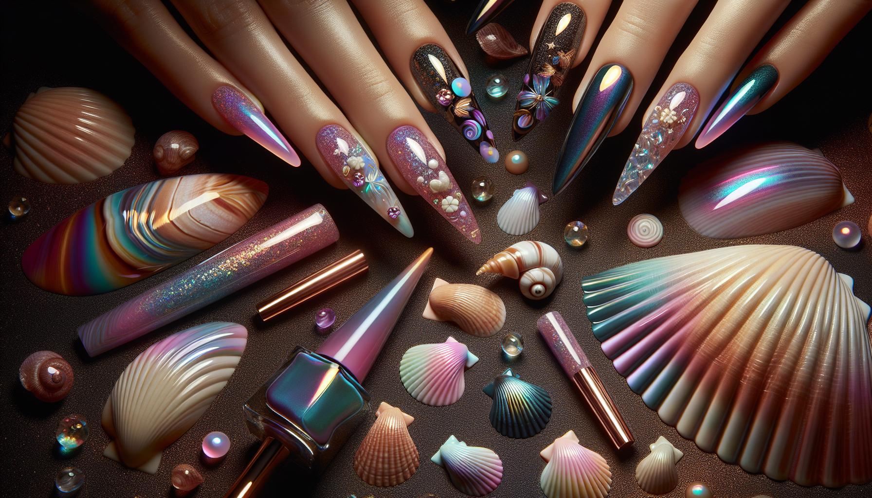 Enchanting Seashell-Inspired Acrylics with Iridescent Touches for Unique Spring Magic