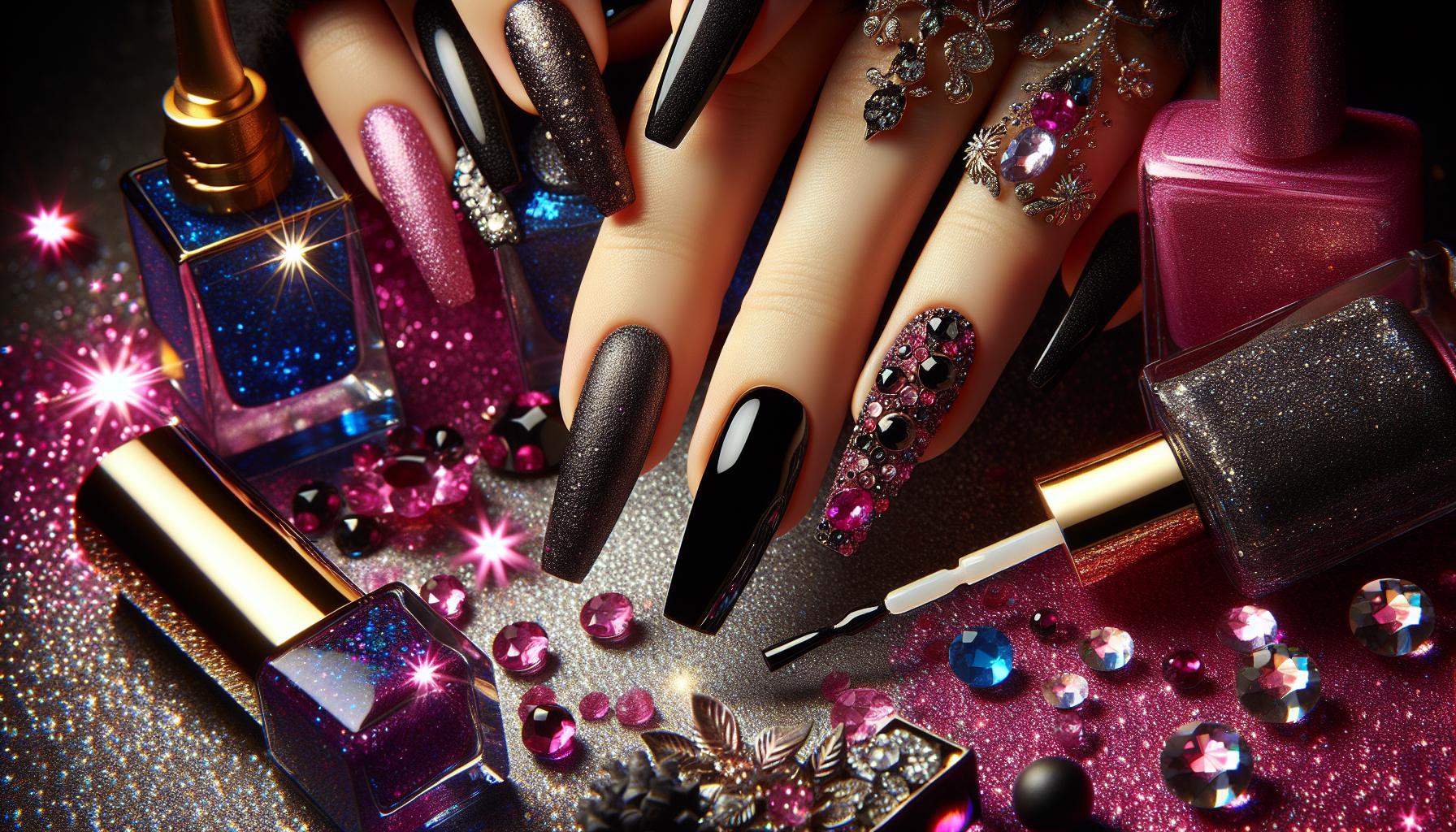 Enchanting ⁤Textured Black ​nails with Velvet ‍Matte and Glitzy Rhinestones