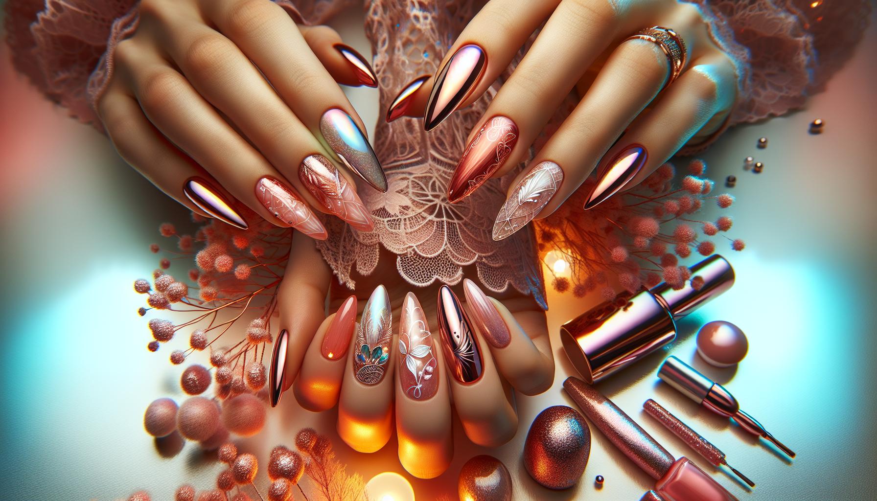 Ethereal ‌Chrome Coral Nails with Delicate Lace Patterns for a Romantic Feel