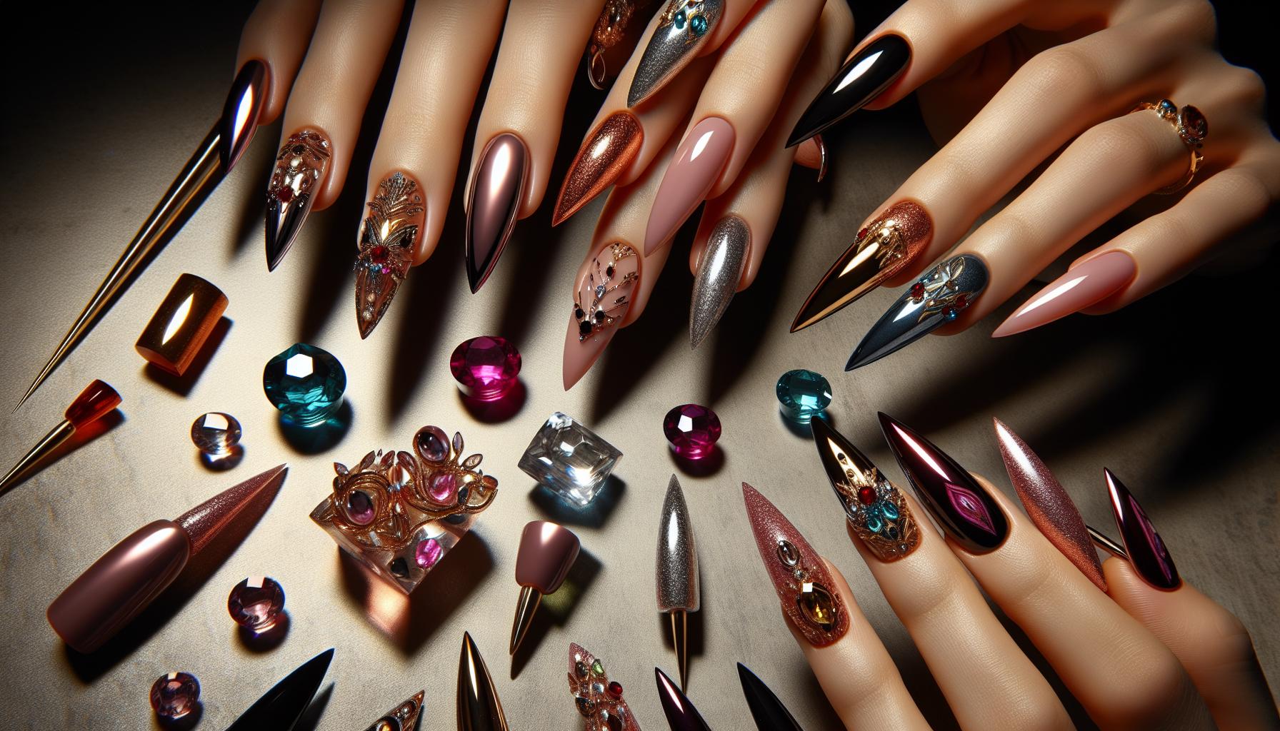 Exquisite Jewel-Toned Stiletto Nails with Regal Murals for a Bold Statement