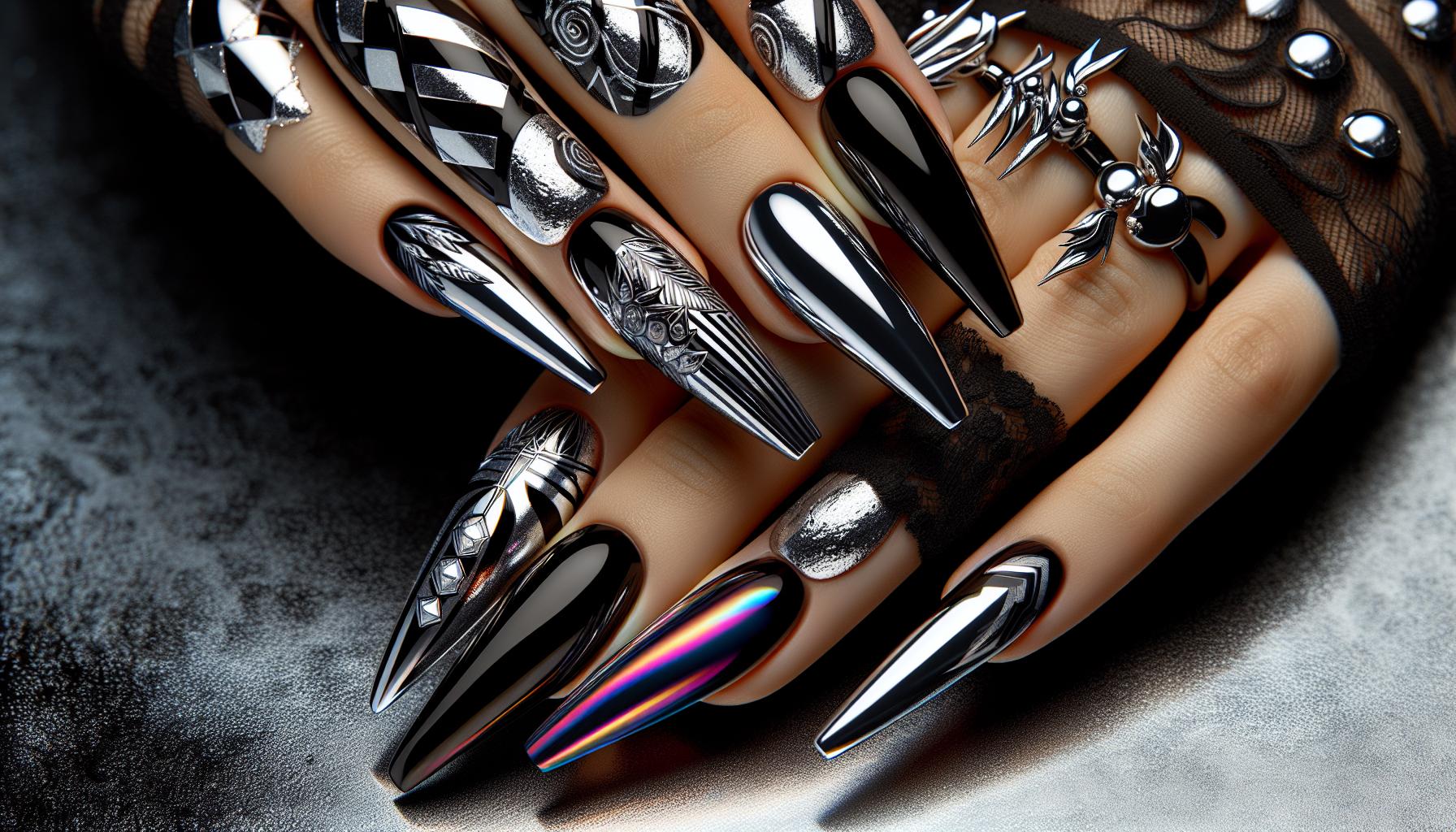 Eye-Catching​ chrome ‍Finish Coffin Nails with⁤ striking ‌Black and White Abstract Art