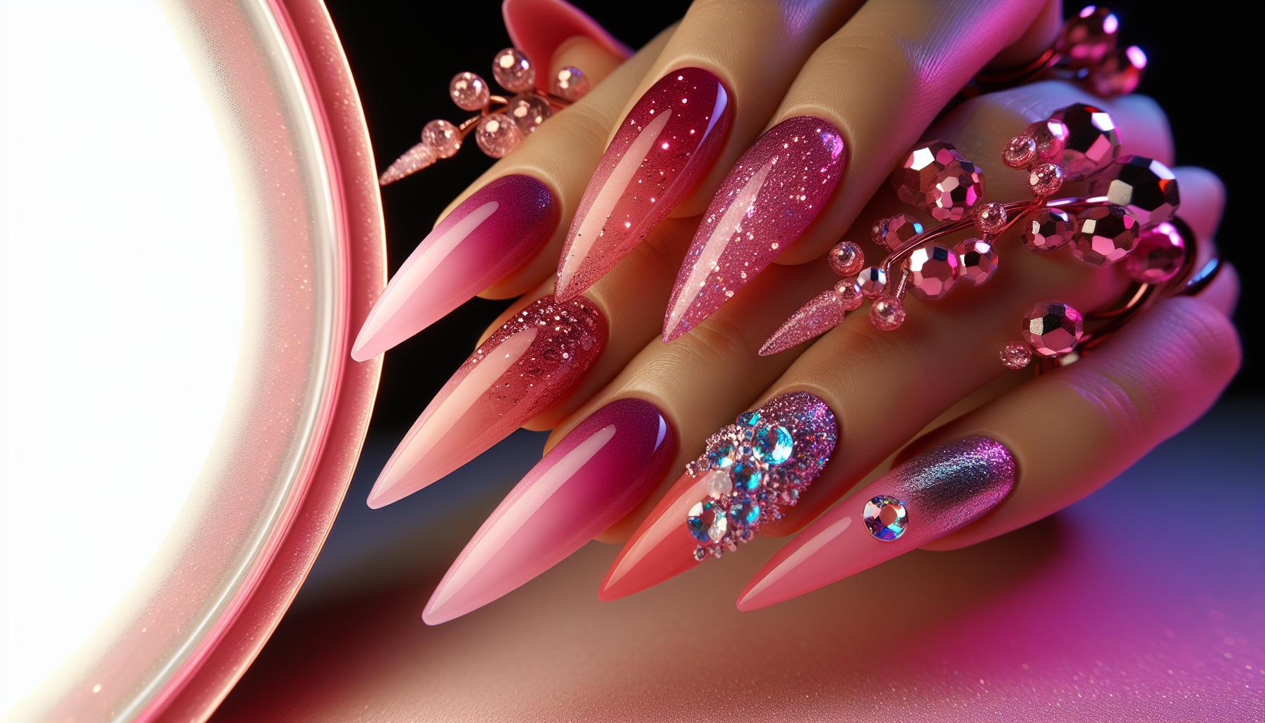 Flirty Gradient Pink ​Stiletto ​Nails with Sparkling Glitter for Effervescent Parties