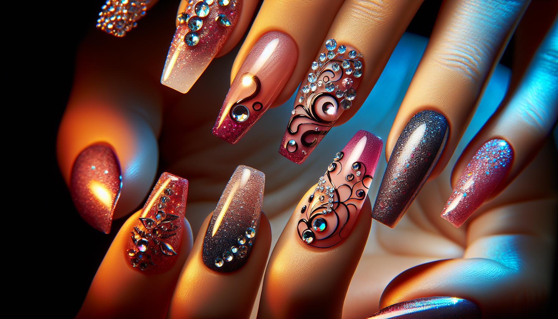 Flirty Sugar Plum Swirl Nails with Dazzling Rhinestone Details