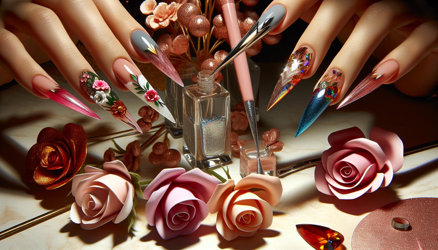 Floral Fantasy: 3D Acrylic Blooms on Stiletto nails for Summer Elegance