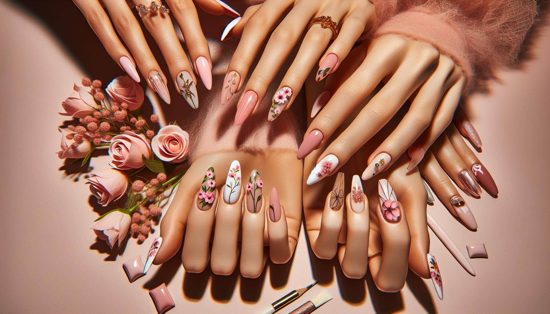 floral-Inspired Dip powder Nails with a Soft Pink Base and Whimsical Garden Details