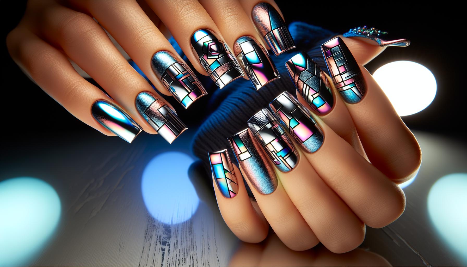 Futuristic chrome Square ⁤Nails with Abstract​ Geometric Patterns for‌ a‍ Trendsetter Look