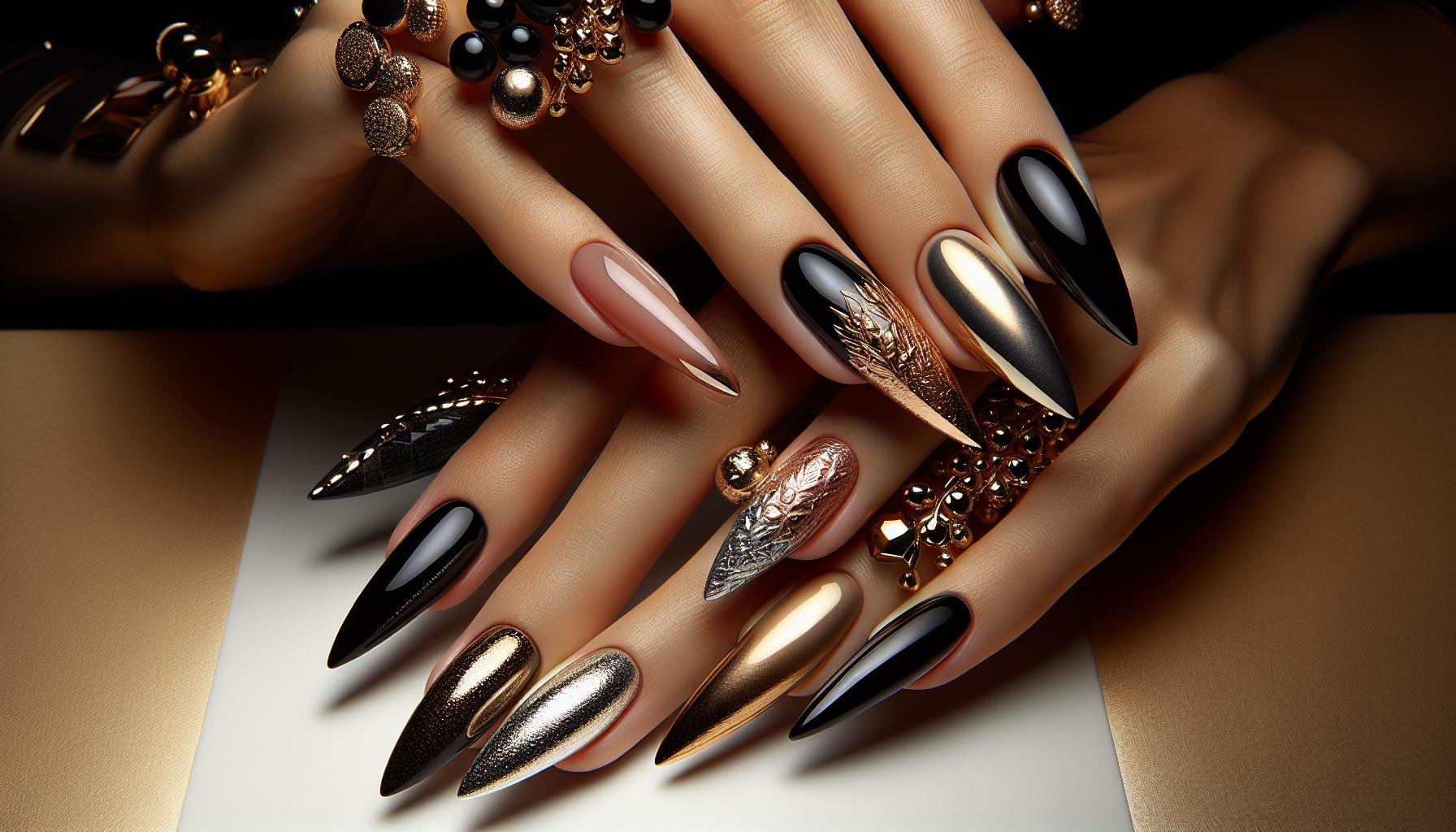 Glamorous Almond Ombre ​Transition from Deep ⁣black⁤ to gleaming Gold