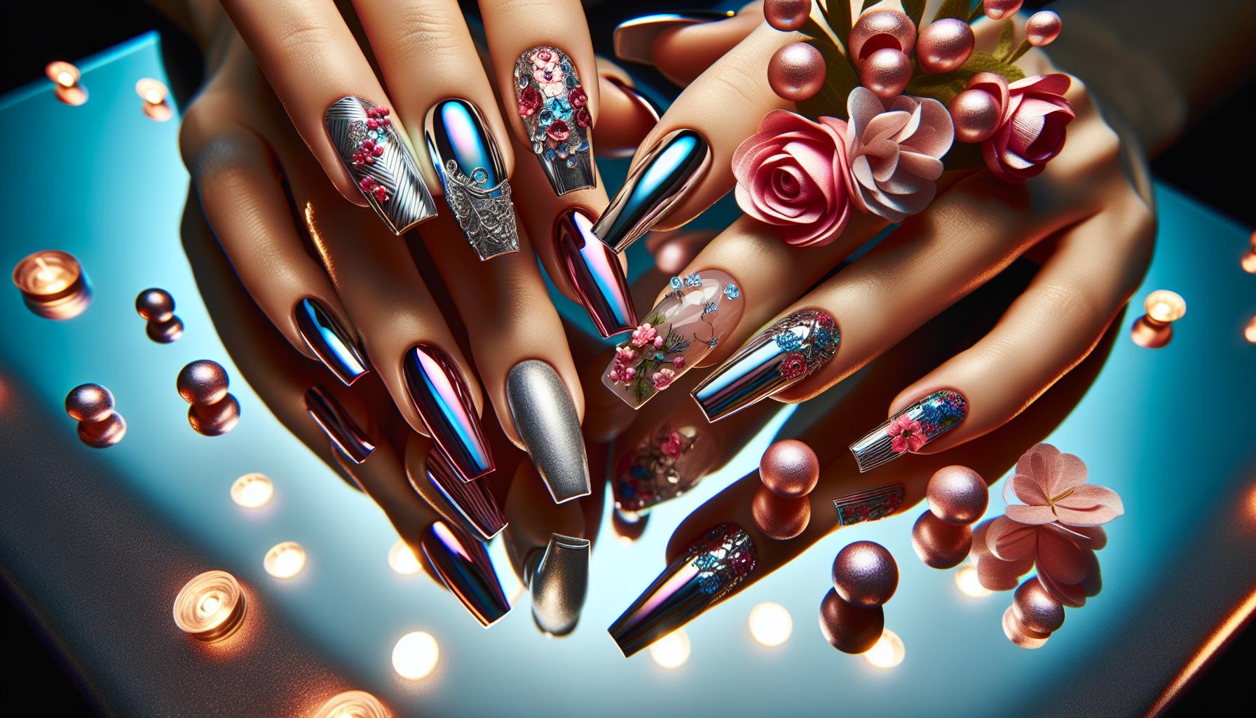 Glamorous Chrome Finish with Romantic Floral Nail ‍art Embellishments