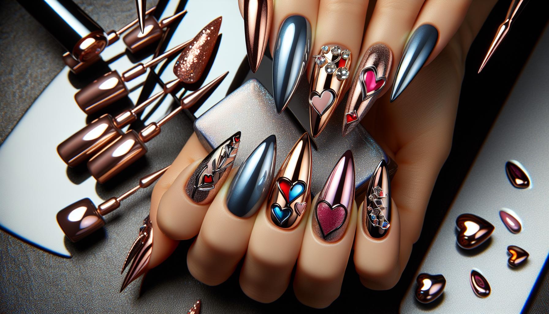 Glamorous Chrome-Trimmed stiletto Nails with Abstract Love Motifs