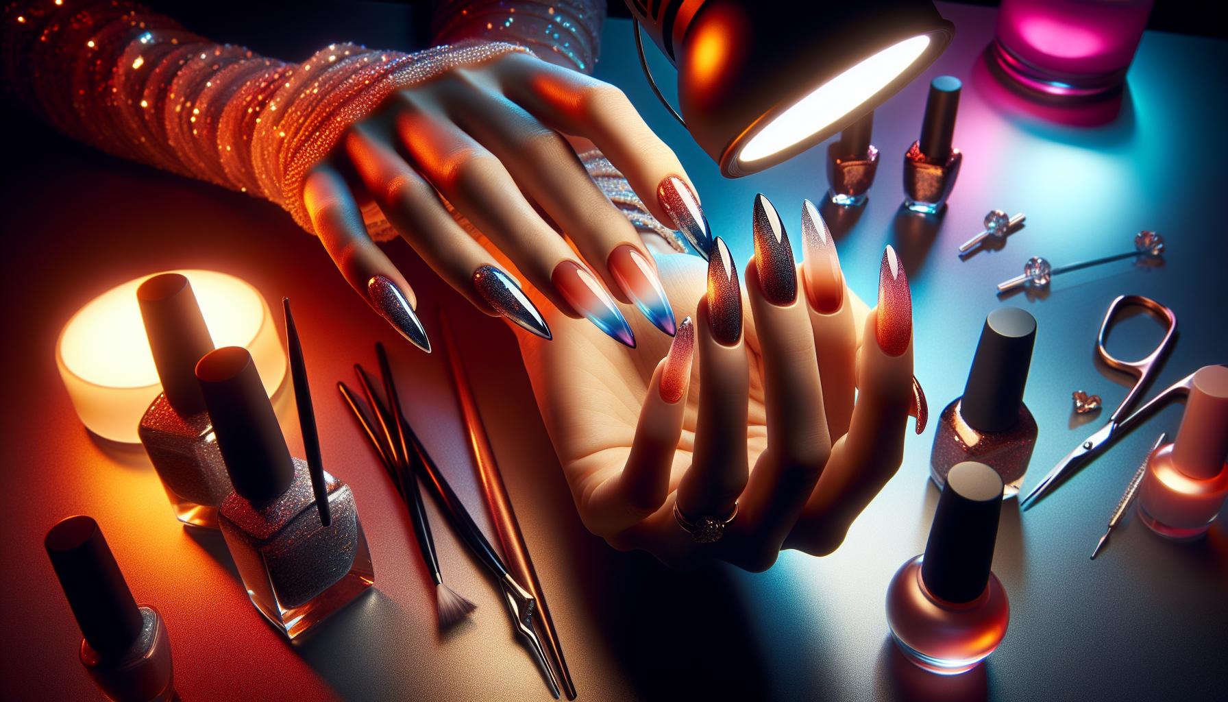 Glimmering Ombre Stiletto Nails Blending Sunset hues for a⁣ Festive⁢ Celebration
