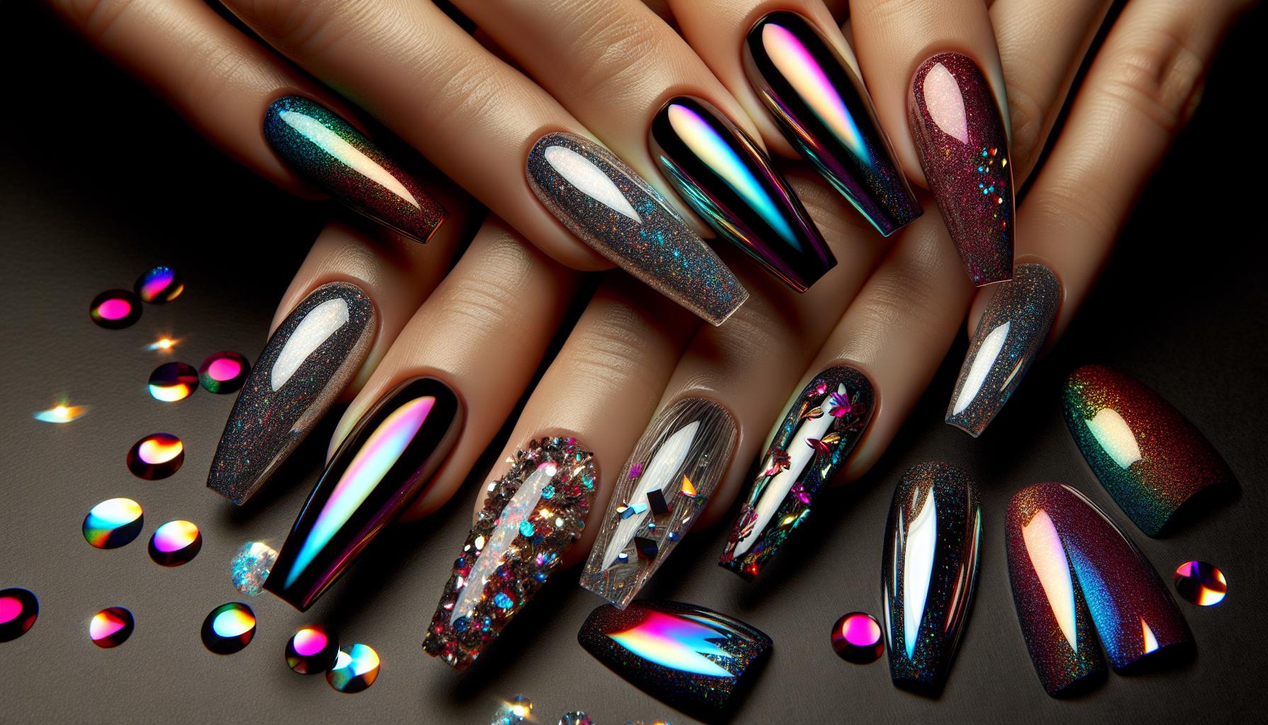 Glistening Chrome Coffin Nails Drenched in Iridescent Holographic Glitter for Dazzling Impact