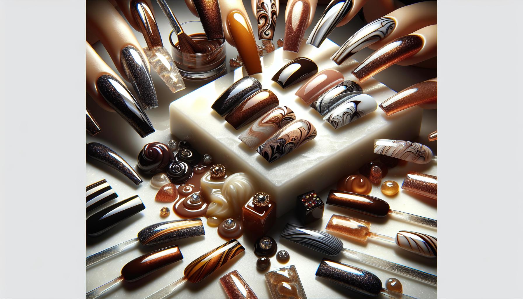 Glistening Chrome Finish Square Nails in Mocha and Caramel Swirls