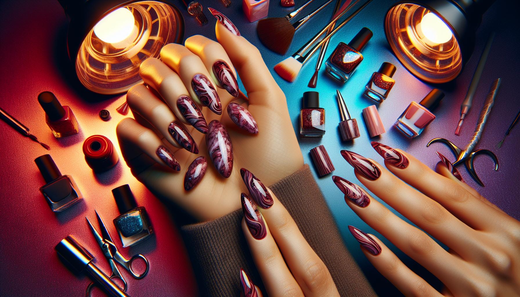 Glistening Maroon⁤ Marble effect on Almond-Shaped⁢ Beauties