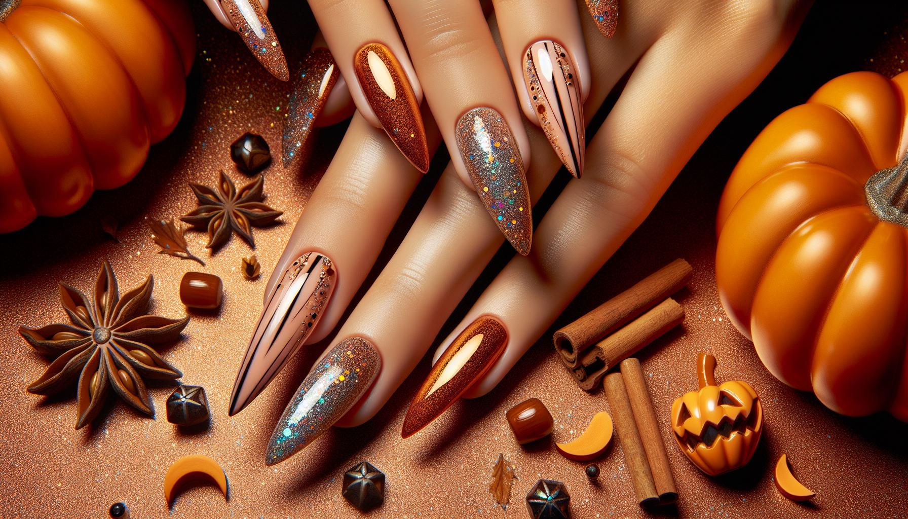 Glistening Pumpkin ⁣Spice ‍Stiletto ⁤Nails with Glittering Accents