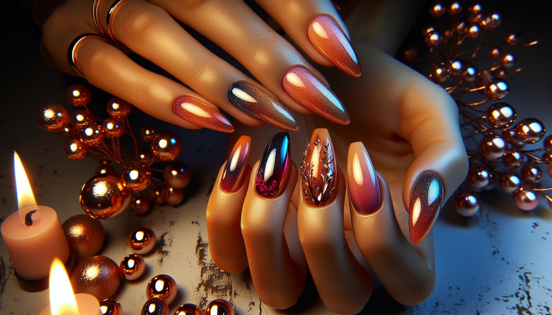 Glistening Sunset Ombre: A Trendy Blend of Warm Hues on Short Almond Nails
