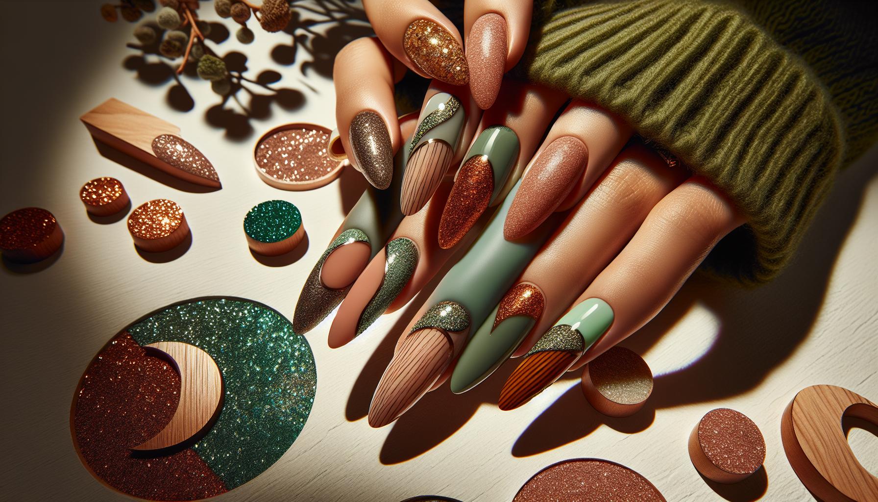 Glitter-Dusted‌ Half-Moon ​Designs ‍on ⁤Almond ​Nails‌ blending Earthy⁢ Greens with Natural Wood ⁢Tones