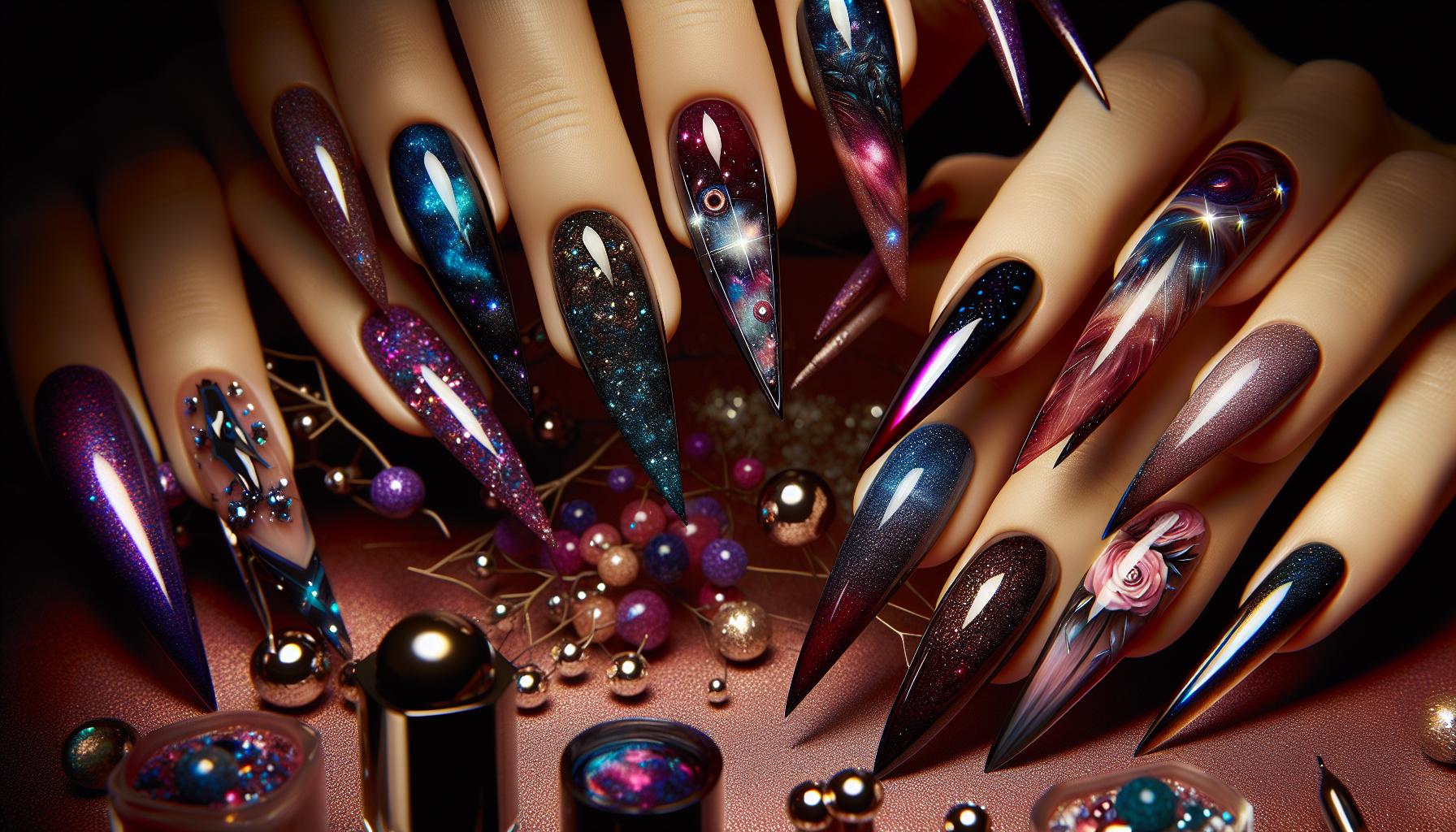 Glittering Galaxy stiletto Nails Featuring Deep jewel Tones and Celestial Designs‍ for a Cosmic ⁣Feel