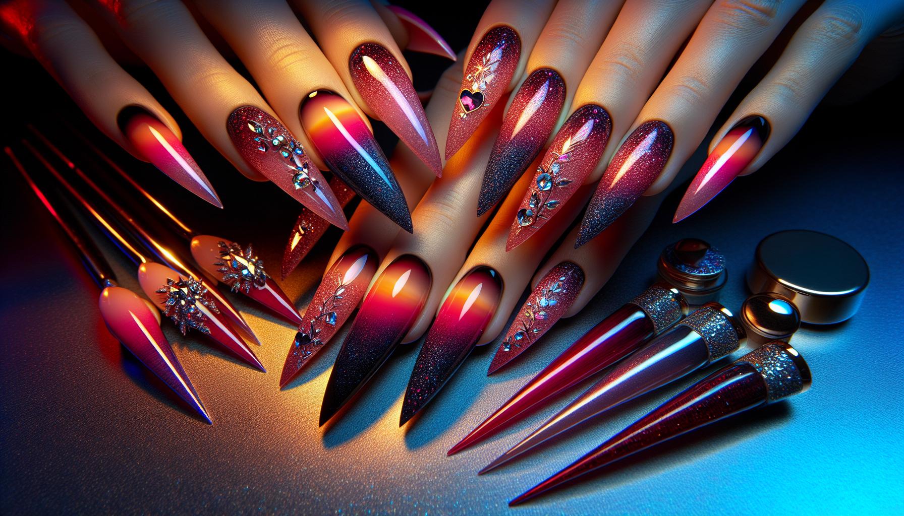 Glittering Sunset Gradient Manicure with Stiletto Shape for Breathtaking Evenings