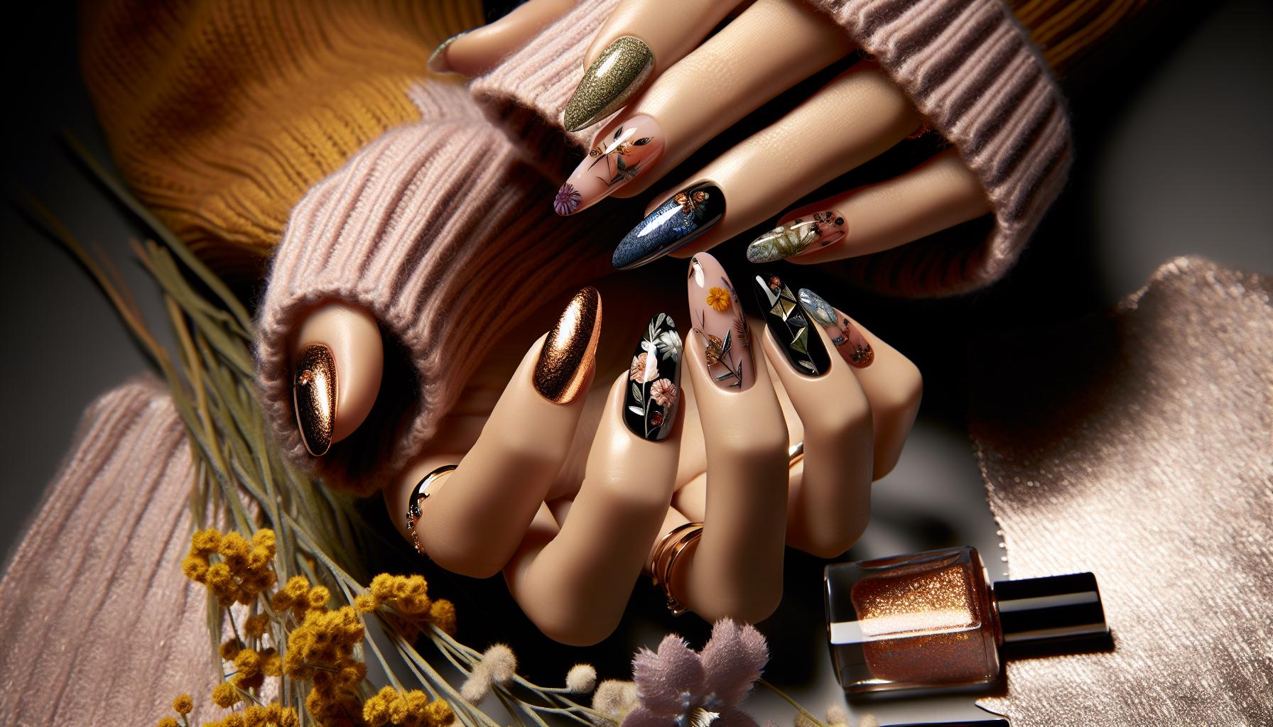 Graceful Nude Base with ⁤Delicate Autumn ‍Floral ‍Foil ‌Designs