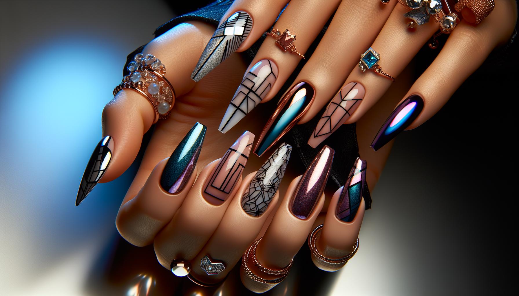 Intricate Geometric Patterns⁣ on Glossy Coffin Nails⁢ for a⁤ Modern Twist