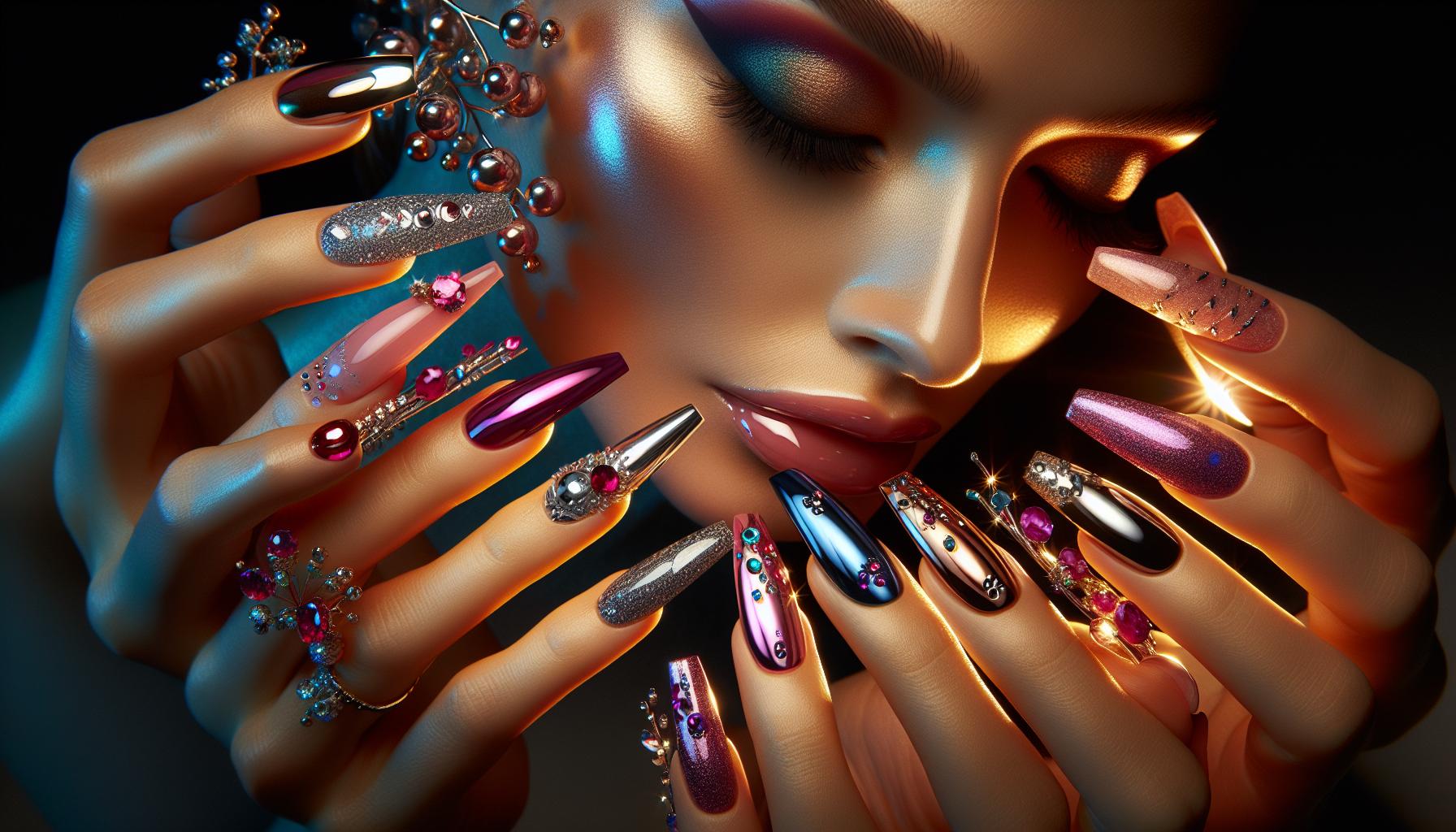 Luminous Chrome Coffin Nails Infused with Dazzling Jewel Tones for Glamour