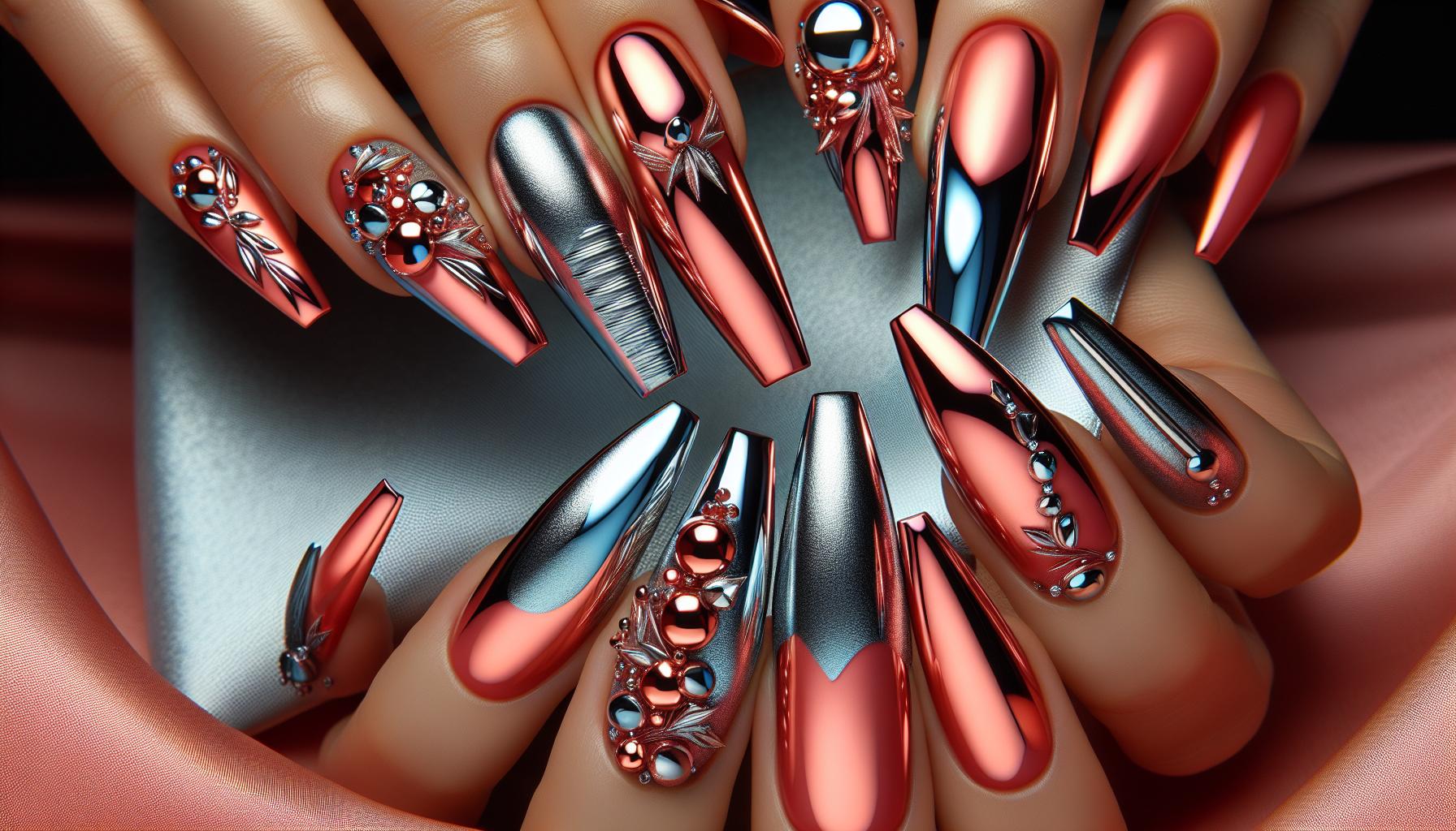 Luxe Chrome Coral Coffin Nails for a Striking Statement Look
