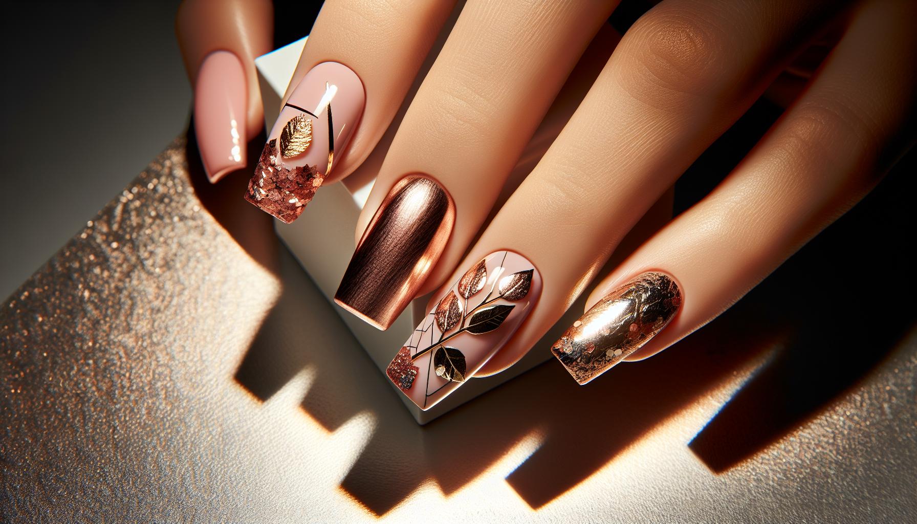 - ‍Luxe ⁢Rose ⁣Gold Leaf Accents on Glossy Square Nails​ for Glamorous elegance