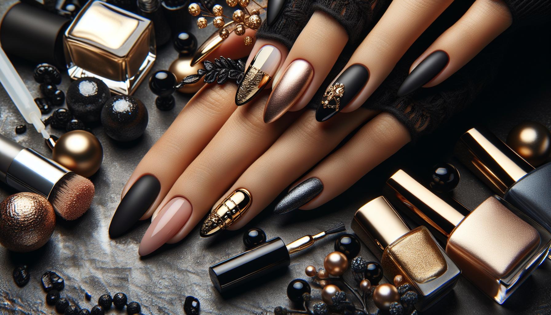 Luxurious Matte Black and Gold French Tips for a Glamorous Evening Look