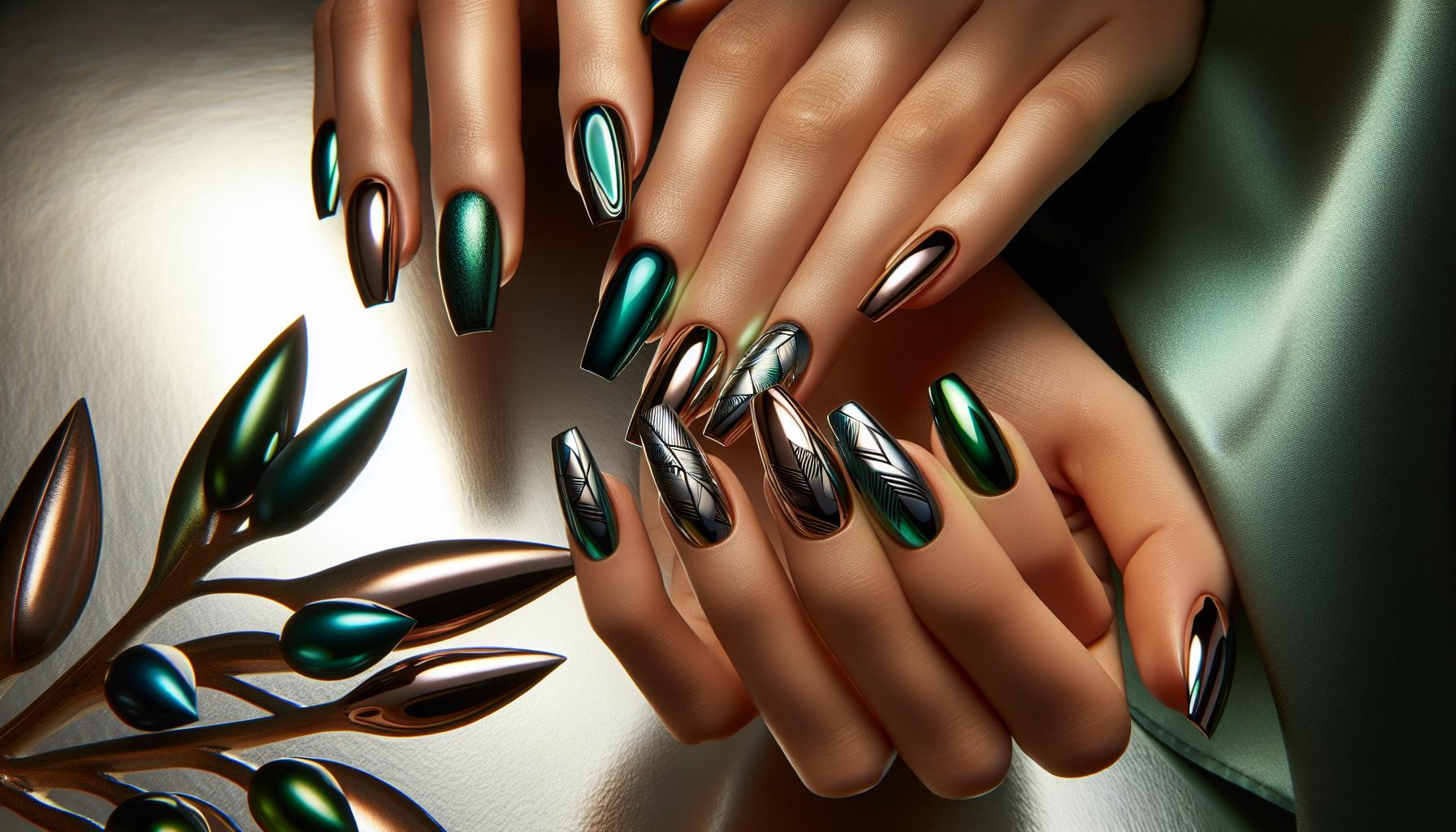 Mesmerizing Chrome Finish ​in rich Emerald Green on ​Classic Square Nails for Luxe Glamour